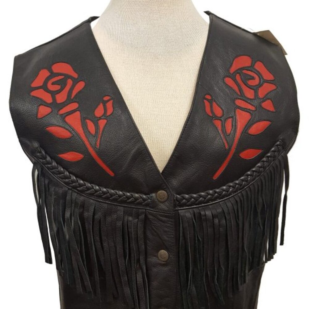 Women’s Rodeo Motorcycle Cowhide Leather Vest with Roses and Fringes